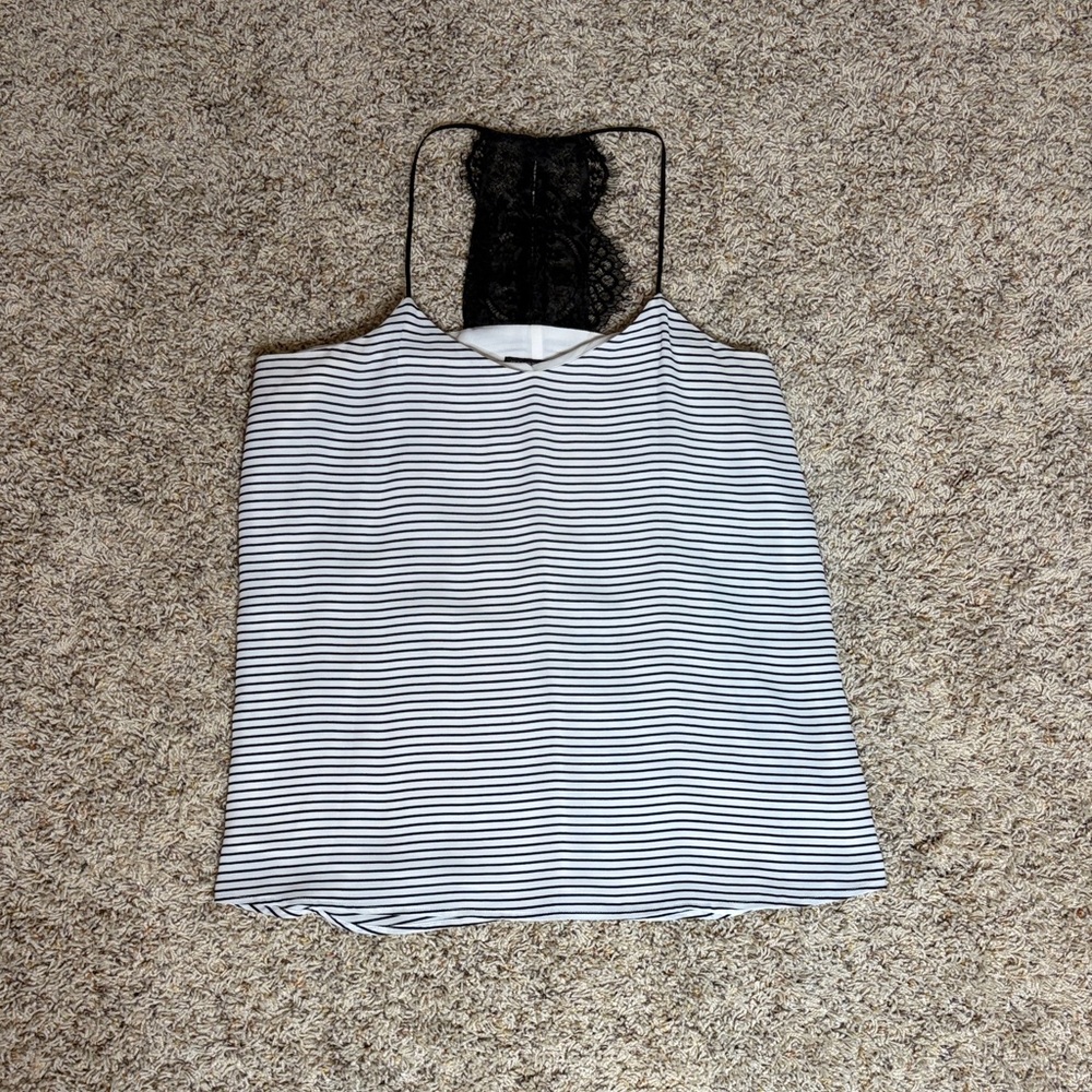 Express Black and White Striped Cami with Lace Back